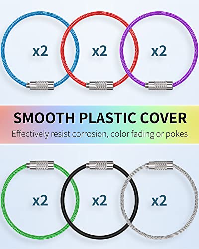 4 Inch Wire Keychain Cable in 6 Assorted Colors Large Stainless Steel Key Ring Loop Holder for Outdoor Hiking Heavy Duty Connectable Luggage Tag Keeper for Sport and Travel, 12 Pack