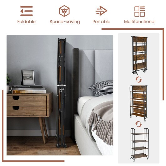 Rustic Brown Wooden Foldable Rolling Cart with Metal Frame and Storage Shelves Suitable to Any Room