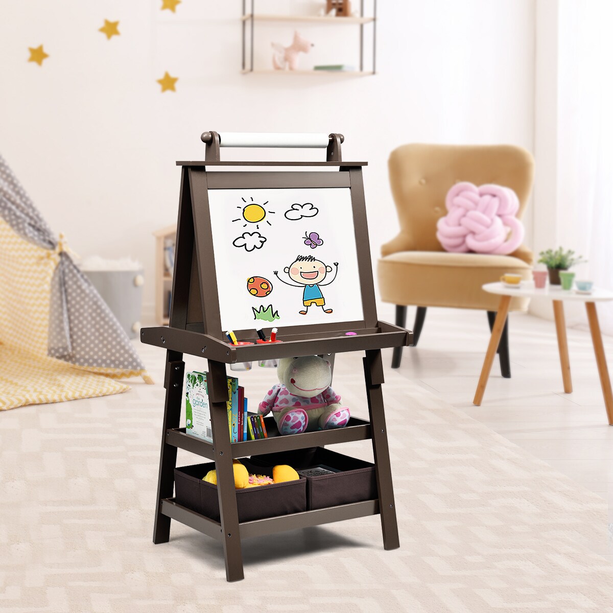 Kids Easel With Paper Roll Art Easel With Storage Pink