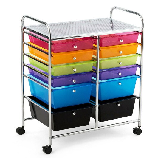 Mobile 12-Drawer Storage Organizer Cart with Ventilated Top Locking Wheels and Sturdy Frame