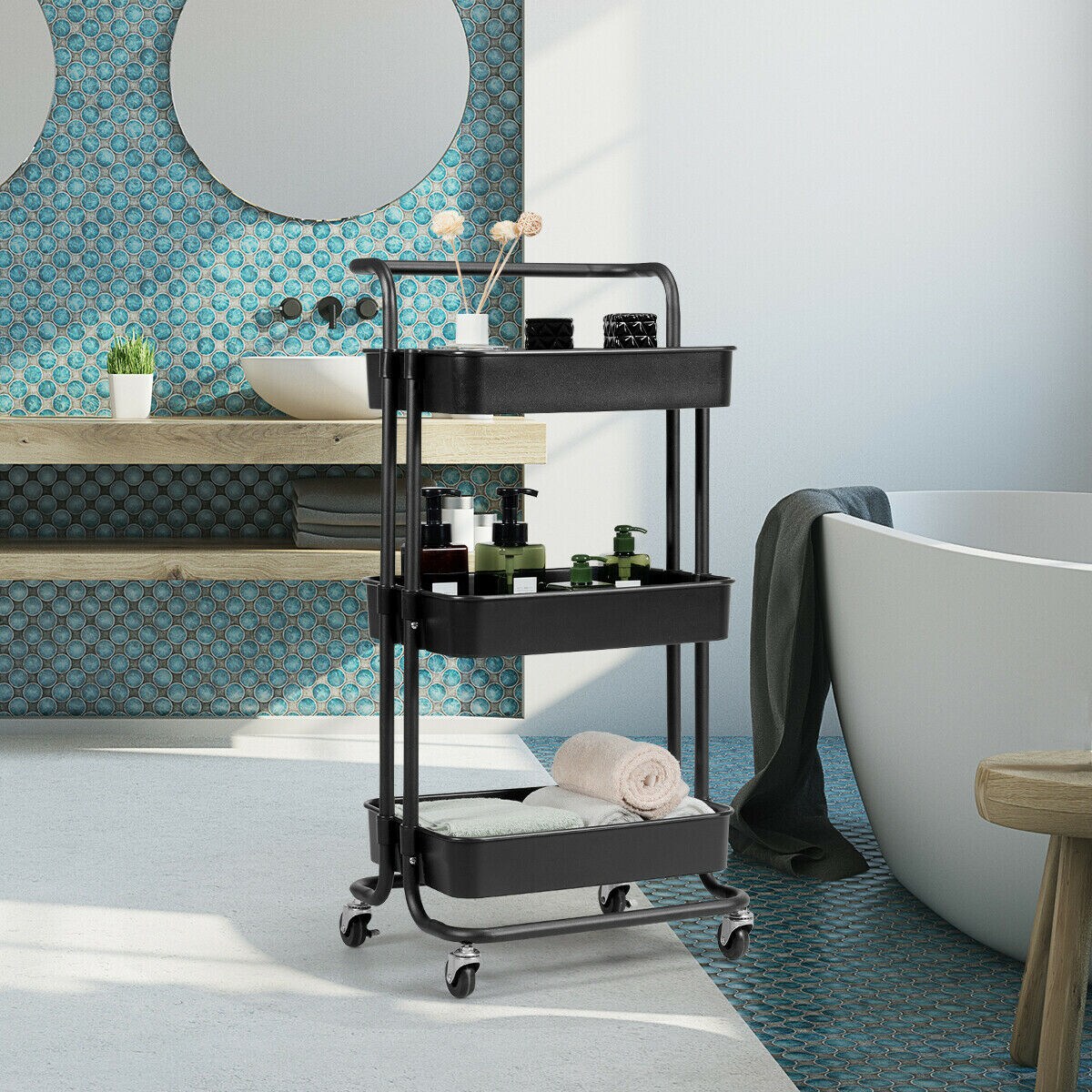 3-Tier Multi-Purpose Vertical Utility Cart with Smooth Casters Ample Storage and Drainage Design