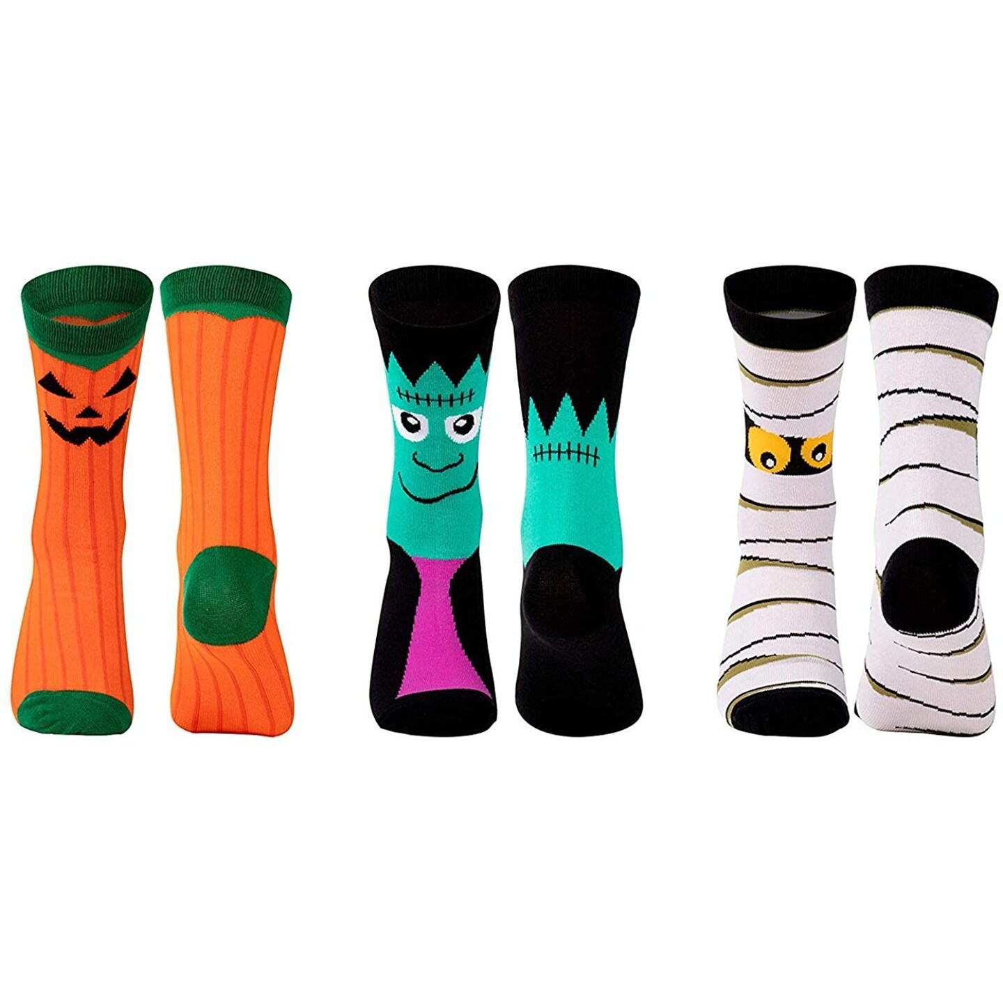 3 Pairs Halloween Crew Socks Men and Women, Pumpkin, Monster, Mummy Novelty Gift (Unisex)