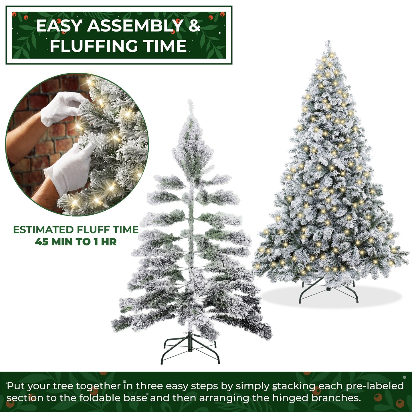 Casafield Realistic Snow-Flocked Pine Artificial Holiday Christmas Tree with Sturdy Metal Stand