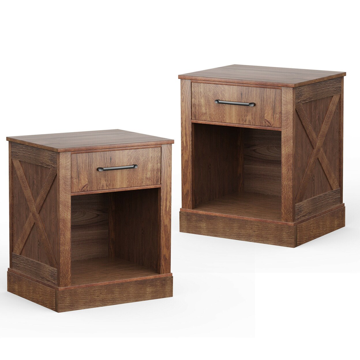 2Pcs Nightstand With Drawer And Shelf Rustic Wooden Bedside Table Bedroom Brown / Natural / Black