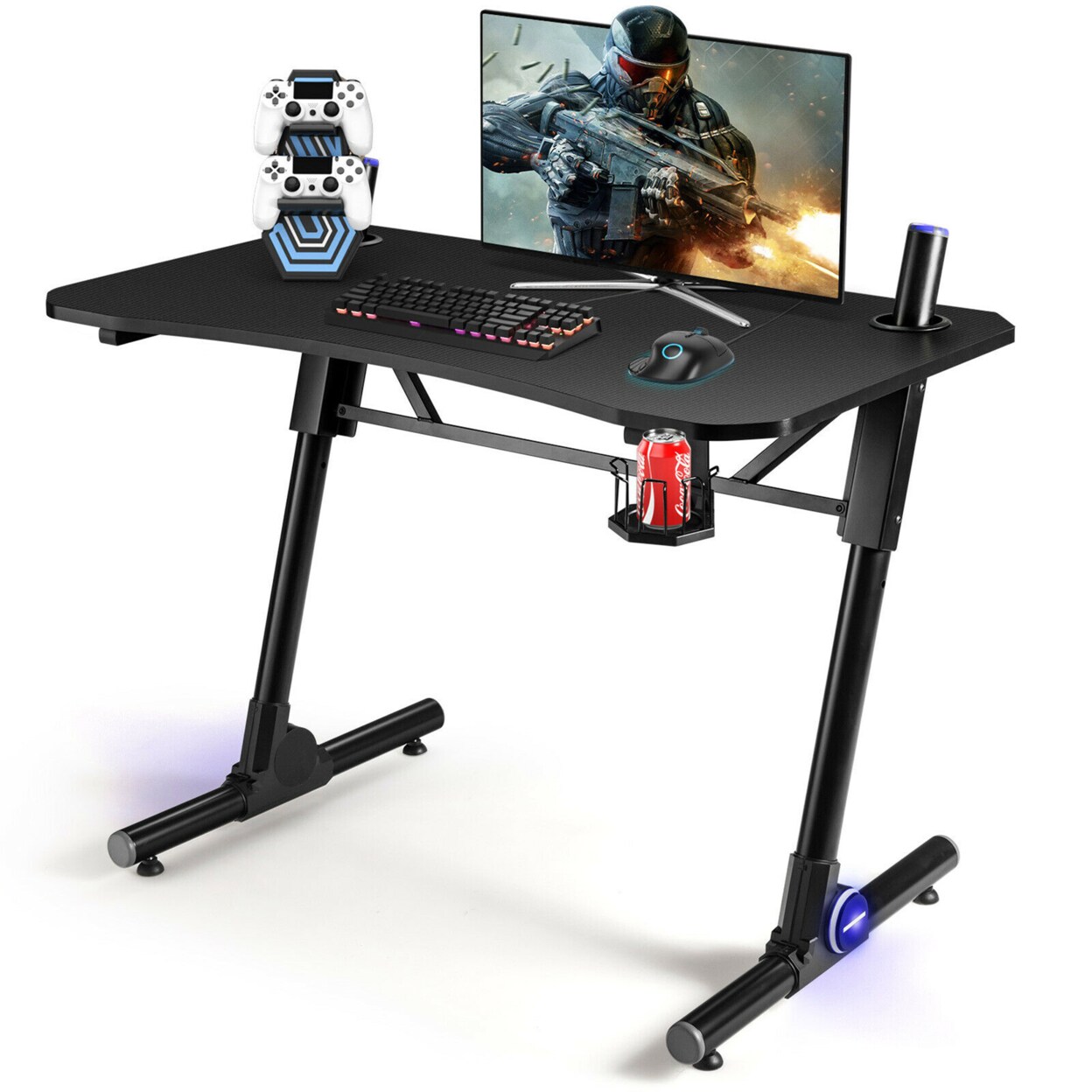 Gaming Computer Desk Height Adjustable W/ Led Light And Gaming Handle Rack