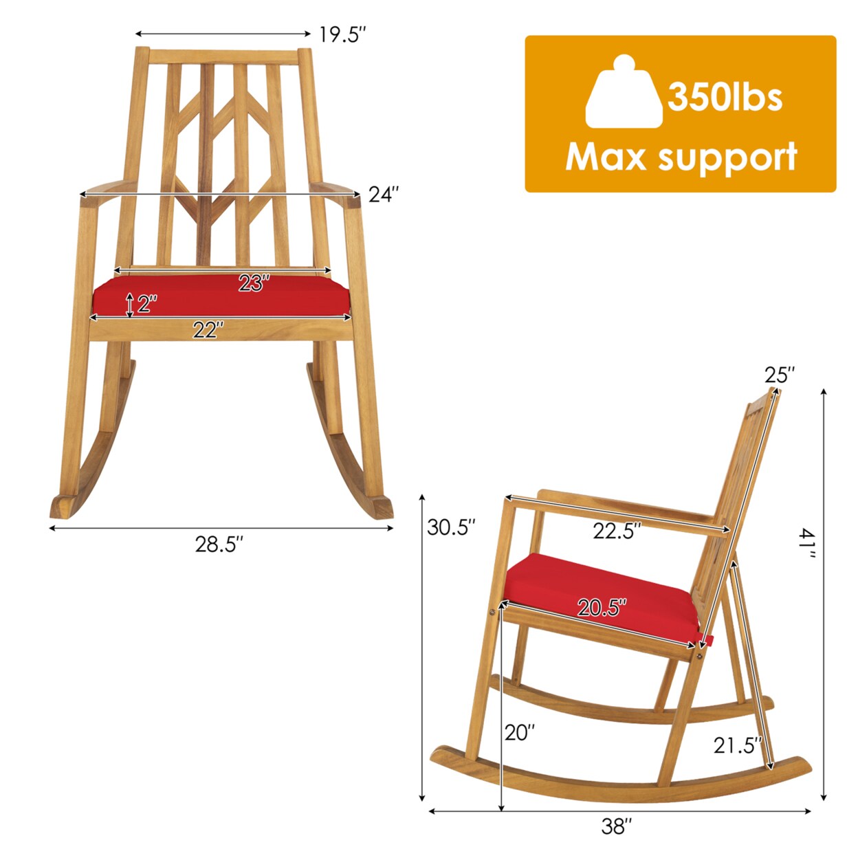 Outdoor Acacia Wood Rocking Chair Wooden Patio Rocker W/ Red Cushion