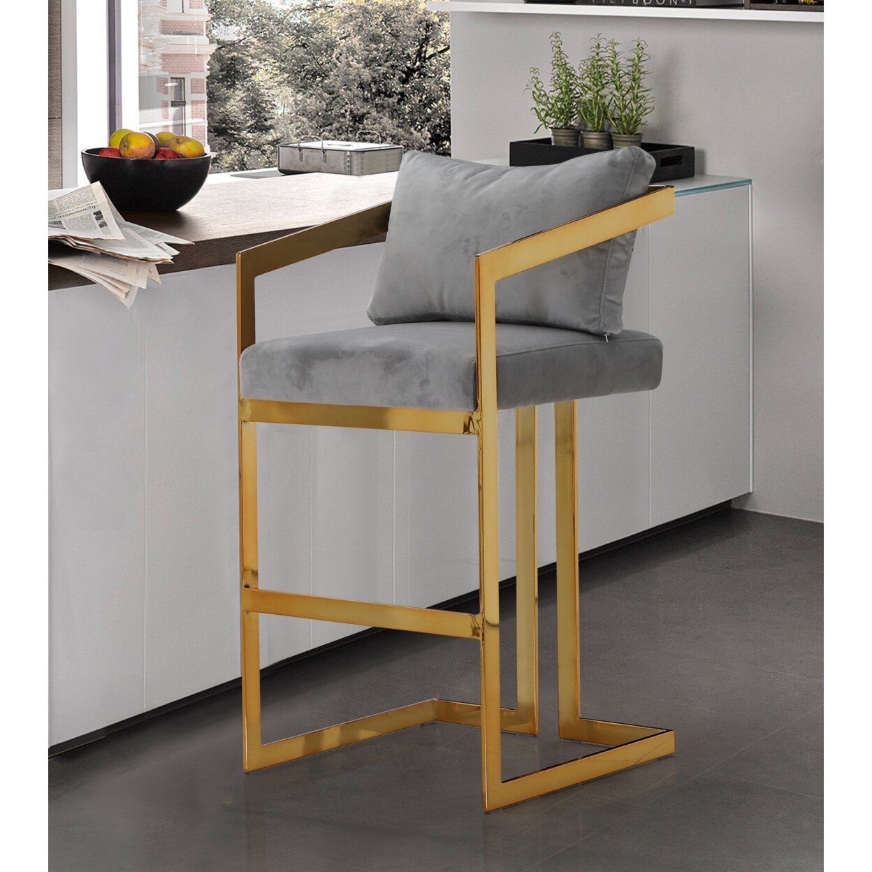 Iconic Home   Lola Bar Stool Chair Velvet Upholstered Slope Arm Design Architectural Goldtone Solid Metal Frame