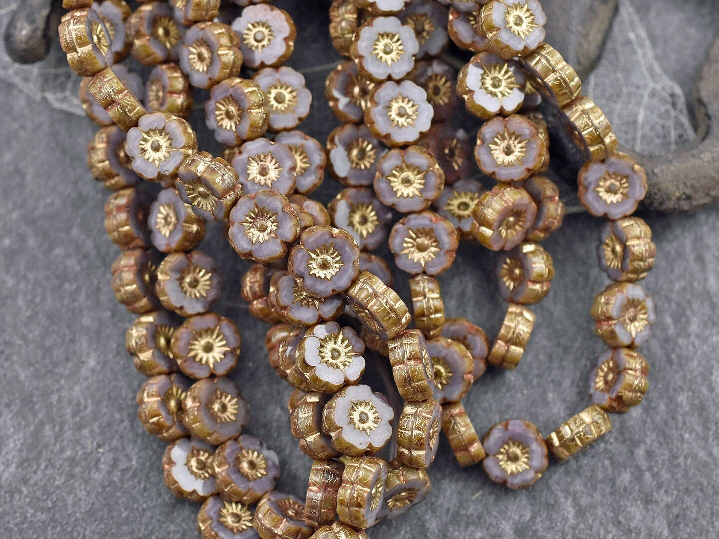 *15* 8mm Gold Washed Lavender Silk Table Cut Hawaiian Flower Beads