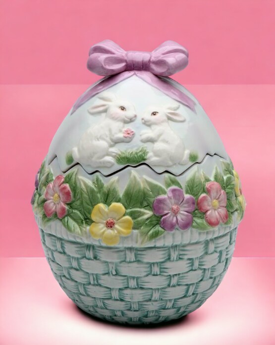 Ceramic Egg Shaped Cookie Jar with Bunny Rabbits and Flowers, Gift for Her, Gift for Mom, Kitchen D&#xE9;cor, Spring D&#xE9;cor, Easter D&#xE9;cor