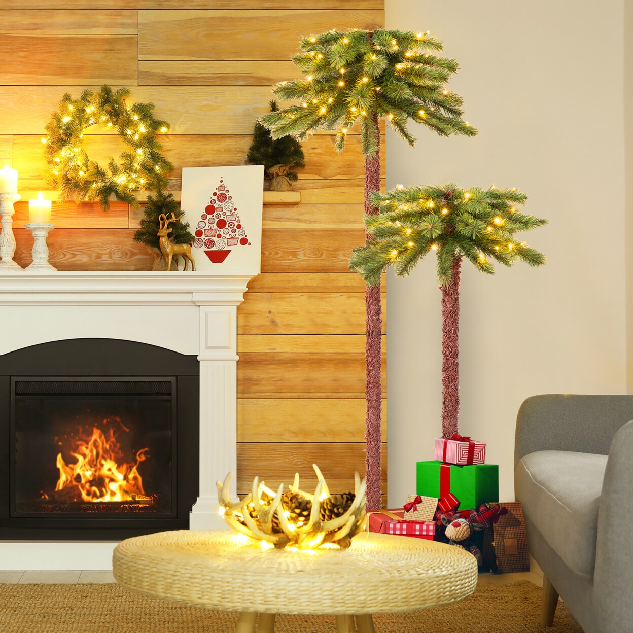 Gymax 5FT + 3.5FT Pre-Lit Artificial Palm Tree Christmas Decor Tree w/ LED Lights