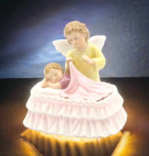 Ceramic Guardian Angel Watching Over Baby Music Box, Baptism Gift, Nursery Room Decor, Baby Shower Gift, Religious Decor