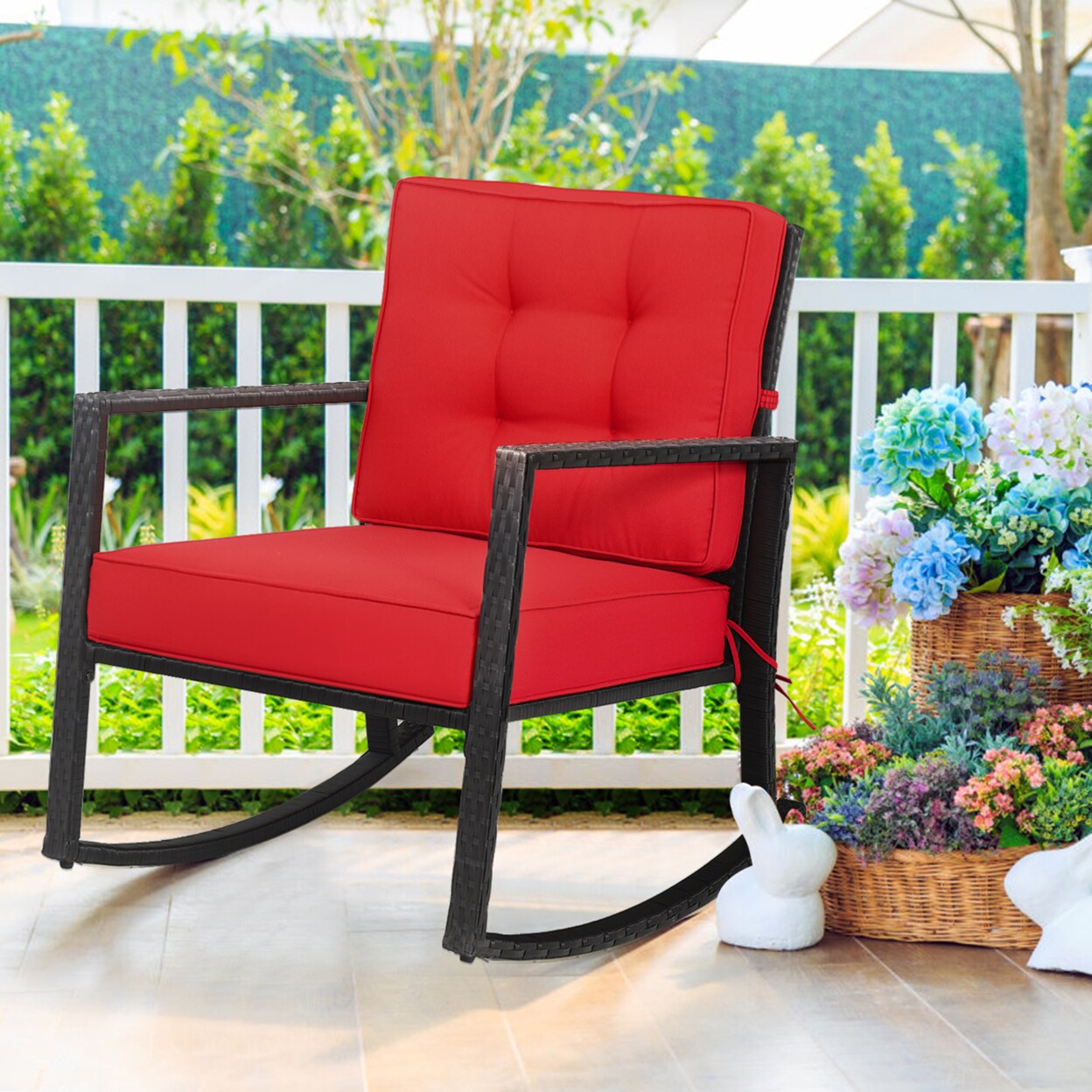Outdoor Wicker Rocking Chair Patio Lawn Rattan Single Chair Glider W/ Red Cushion