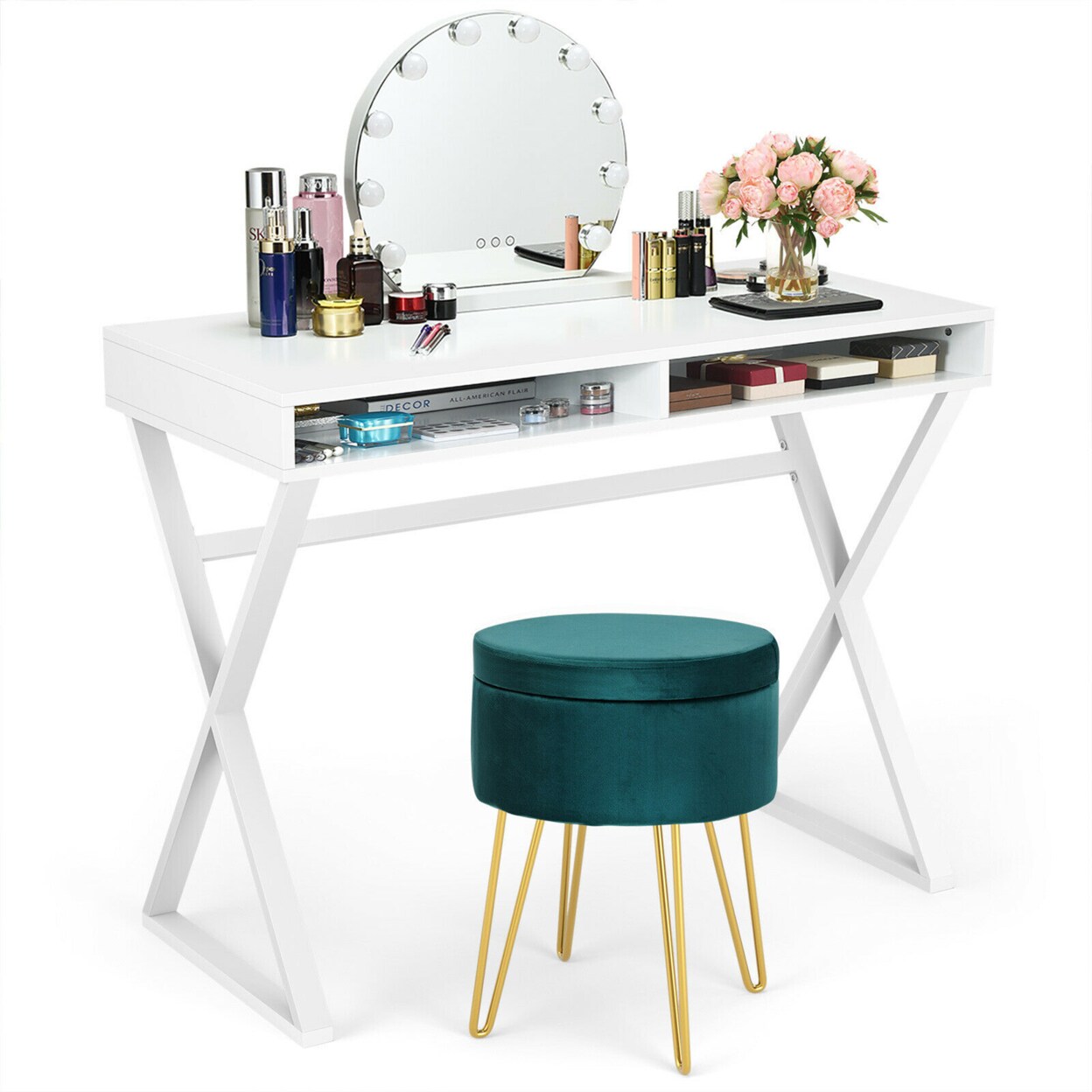 Gymax Vanity Table Set Writing Desk Makeup Table w/Round Storage