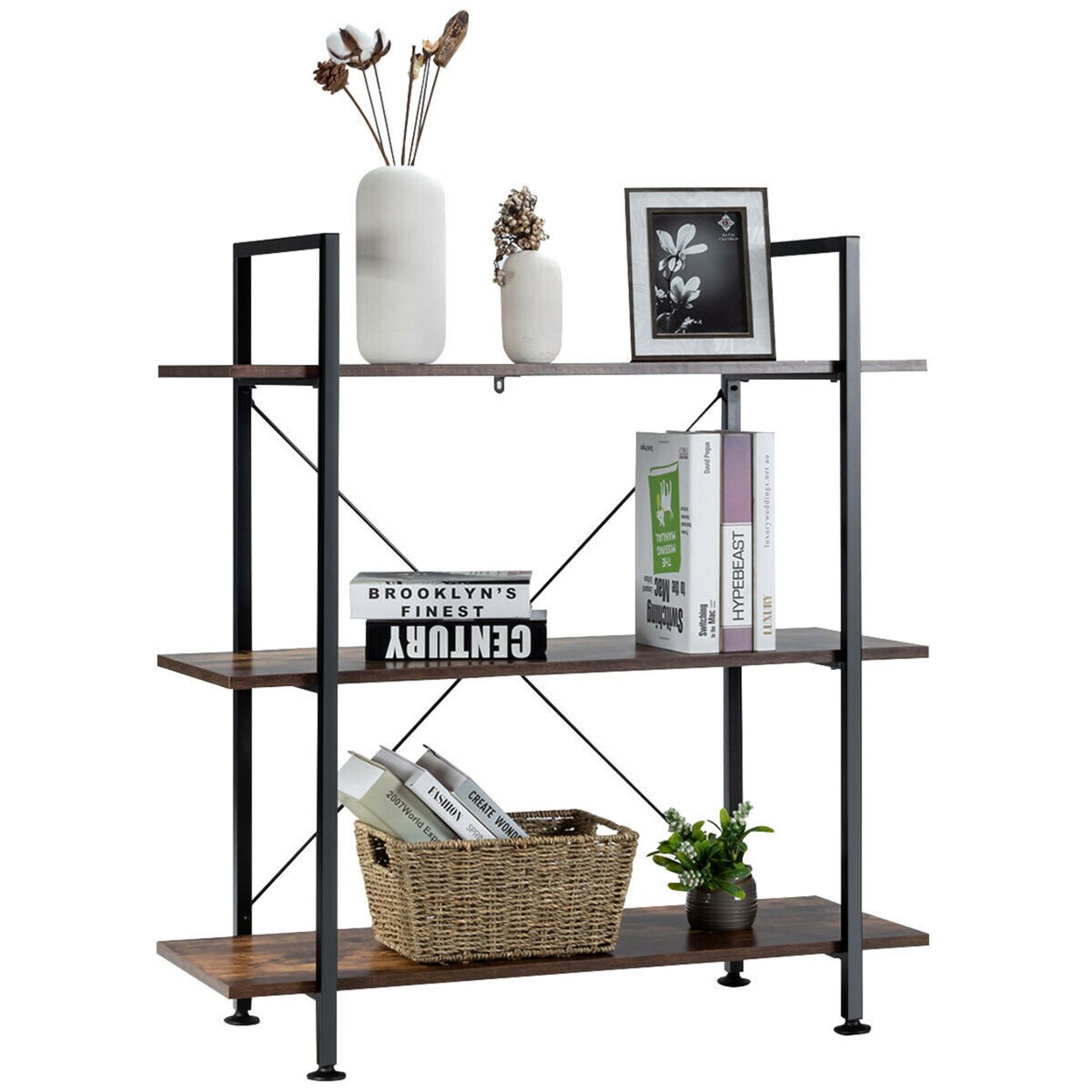 3-Tier Bookshelf Industrial Bookcase Display Shelf Storage Rack Rustic Brown