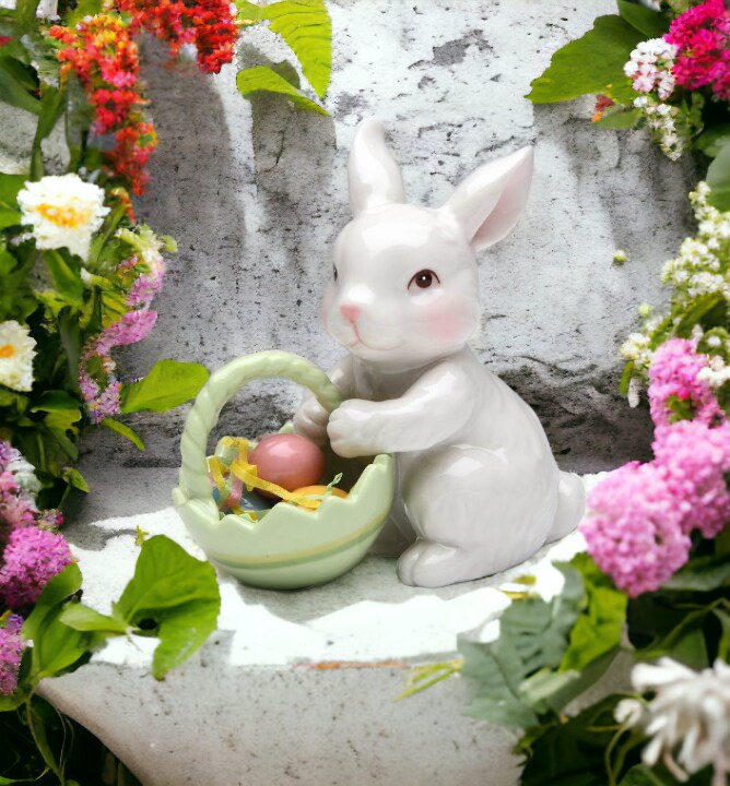 Ceramic Bunny Rabbit With Easter Egg Basket Figurine, Home D&#xE9;cor, Gift for Her, Gift for Mom, Kitchen D&#xE9;cor, Spring D&#xE9;cor, Easter D&#xE9;cor