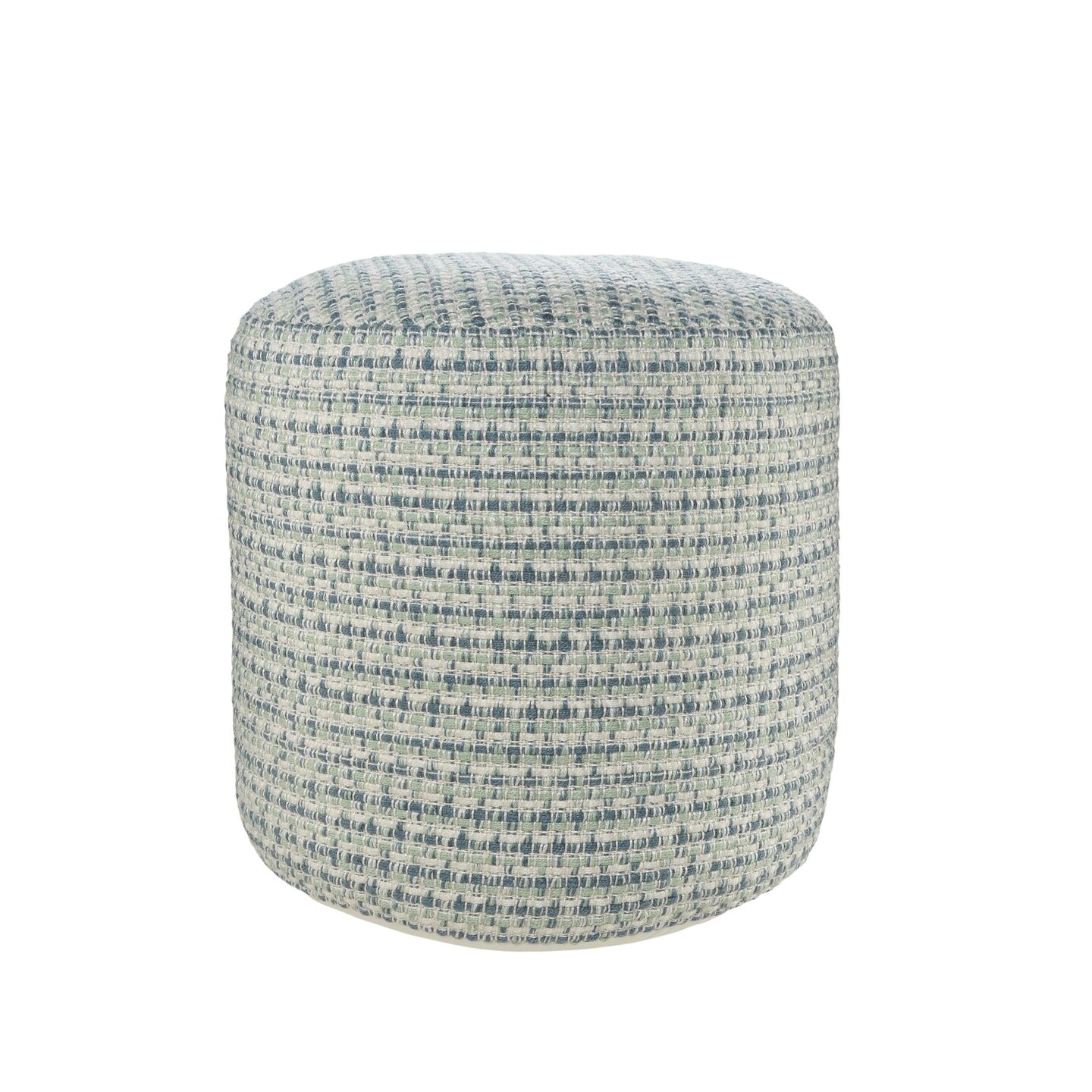 Laddha Home Designs 20" Blue and Green Interwoven Coastal Round Outdoor Patio Pouf Ottoman
