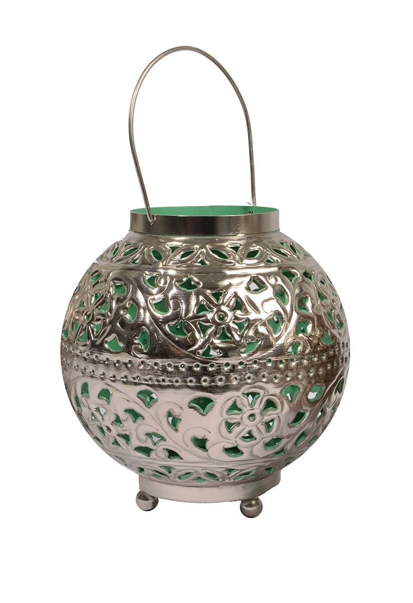Kaemingk 8&#x22; Tropicalia Silver and Green Cut-Out Floral Votive Candle Holder