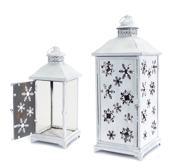 Melrose Set of 2 Large White Cut-Out Snowflake All-Weather Iron and Glass Christmas Candle Lanterns