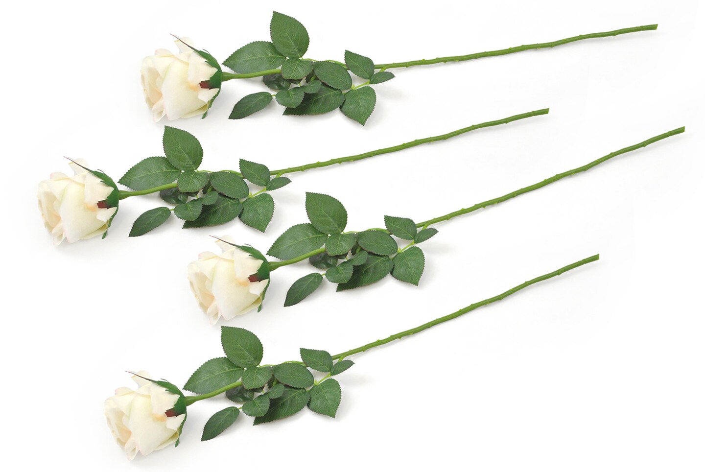 Contemporary Home Living Set of 4 26.25&#x22; Cream White and Green Flower Closed Rose Centerpieces