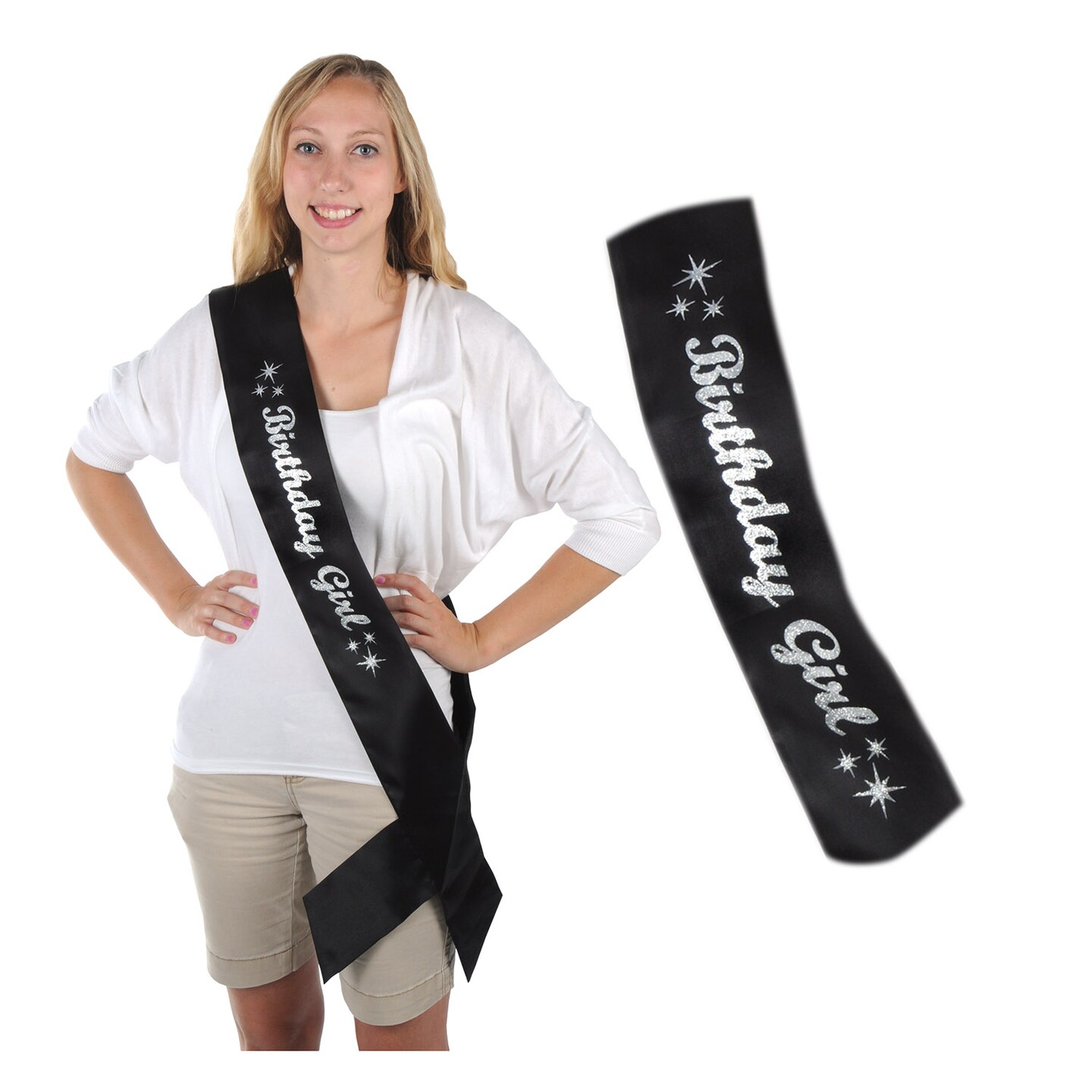 Party Central Pack of 6 Black and Silver Glittered &#x27;Birthday Girl&#x27; Sash Costume Accessories 33&#x22;