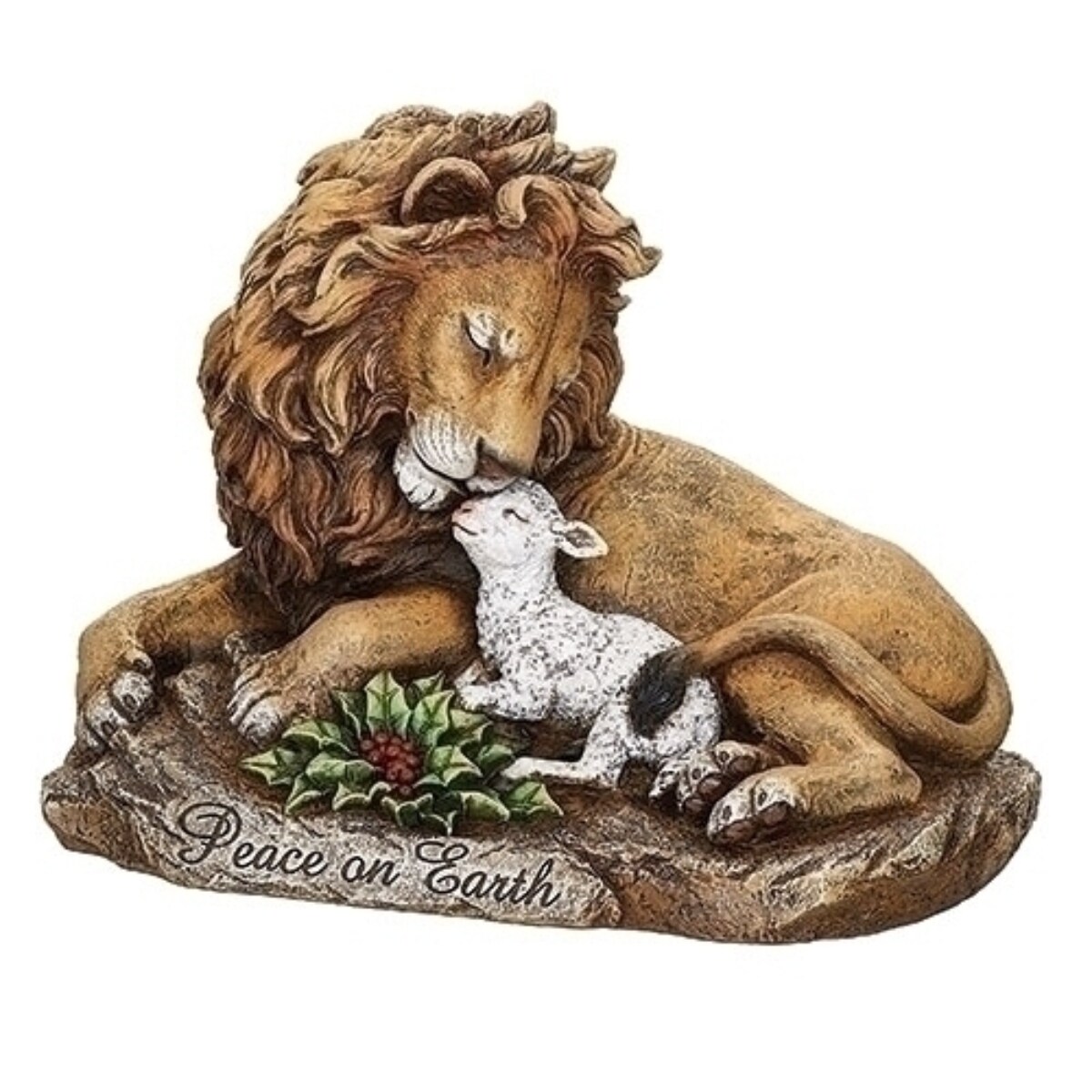 Roman 10.75&#x22; Brown Lion and Lamb on Rock Tabletop Figurine