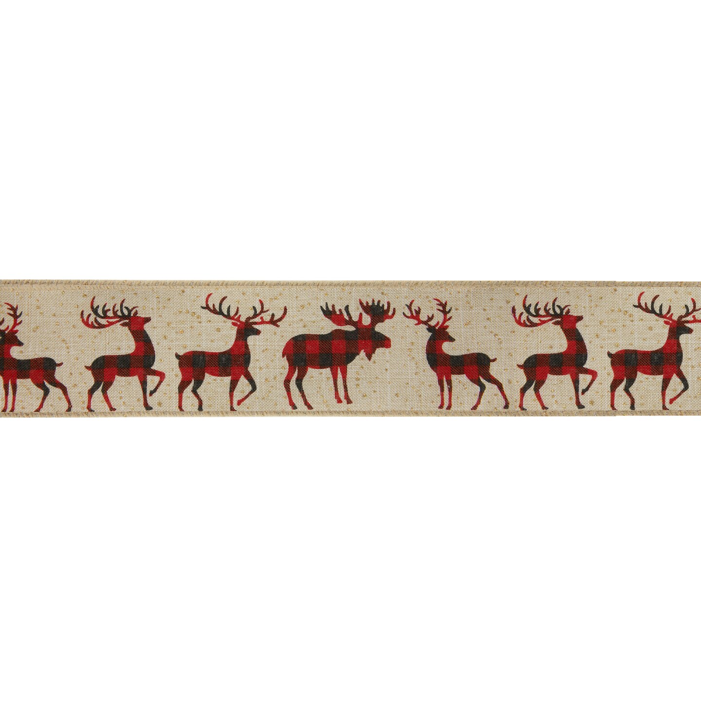 Northlight Beige and Red Plaid Buffalo with Reindeer Christmas Wired Craft Ribbon 2.5&#x22; x 16 Yards