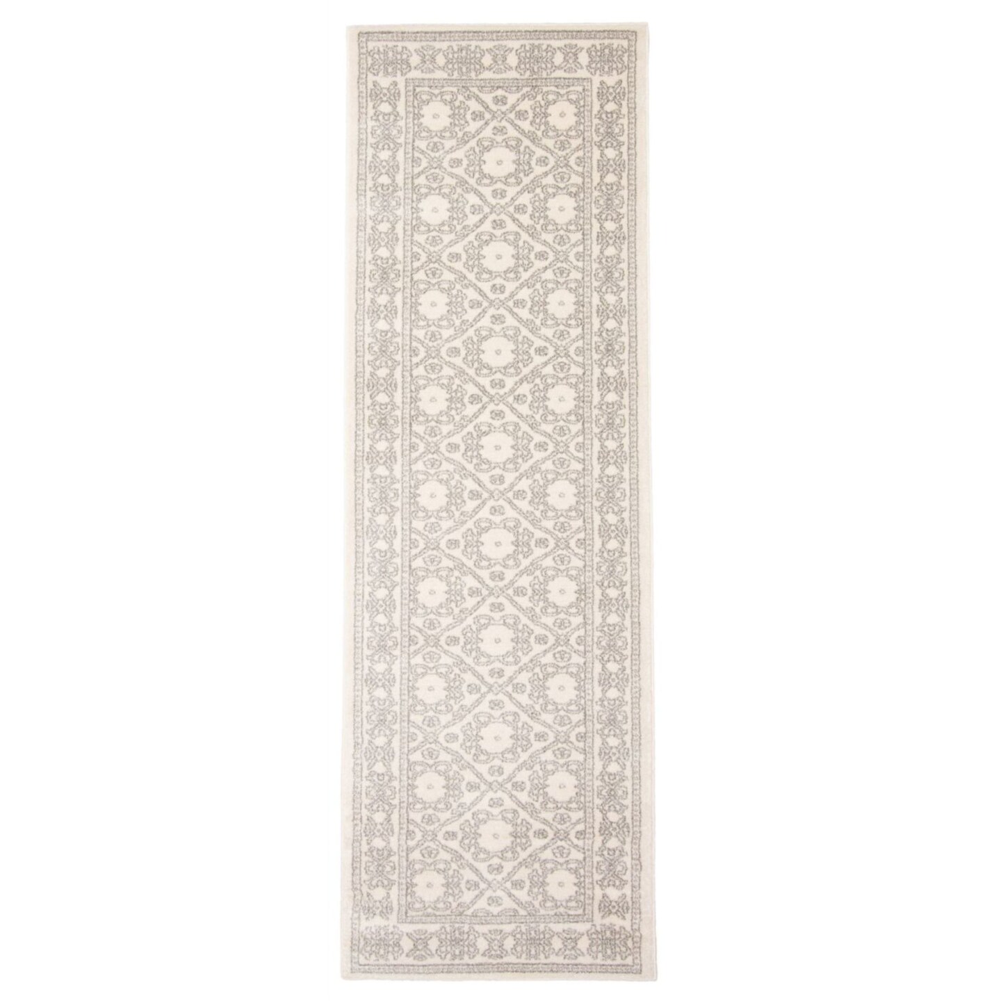 Chaudhary Living 2.5' x 8' Bordered Damask Rug Runner - Cream and Gray