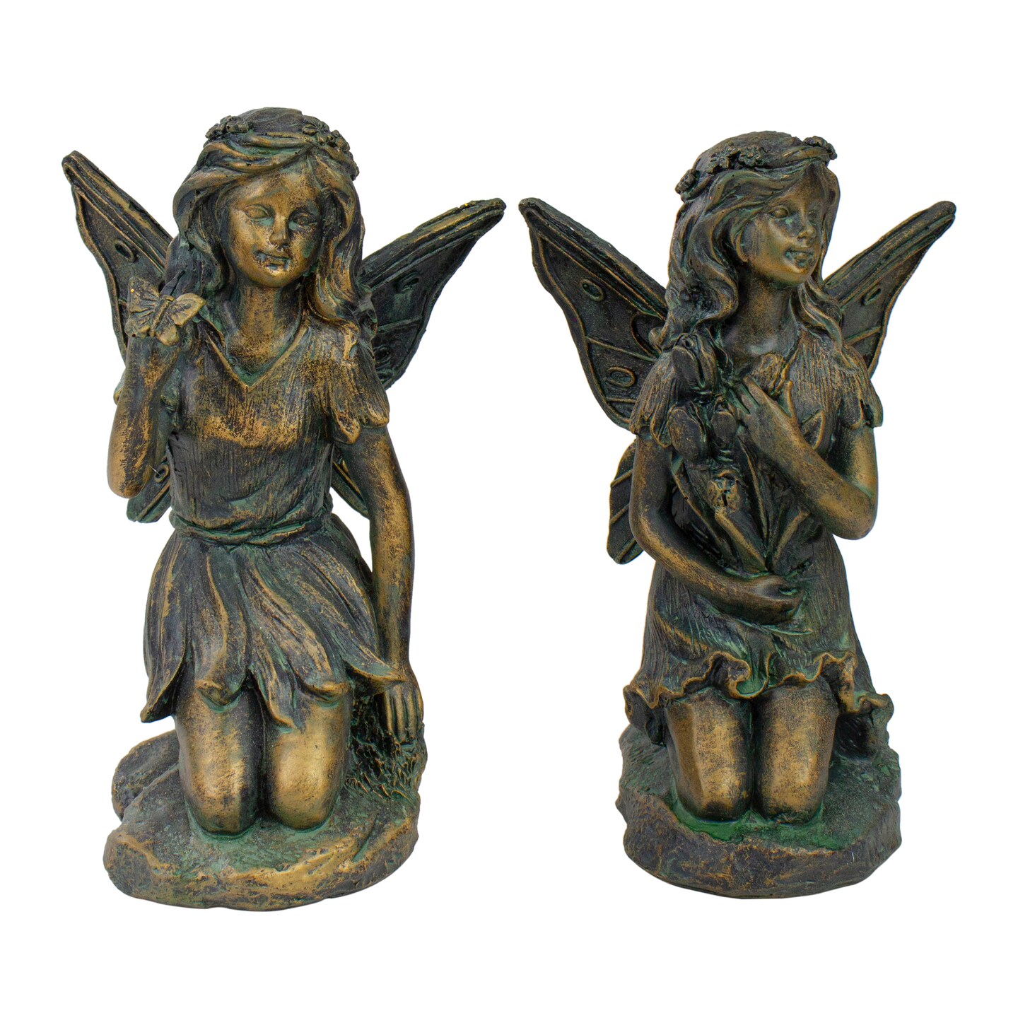 Northlight Set of 2 Bronze Kneeling Fairies With Flowers and a Butterfly Outdoor Garden Statues - 7&#x22;