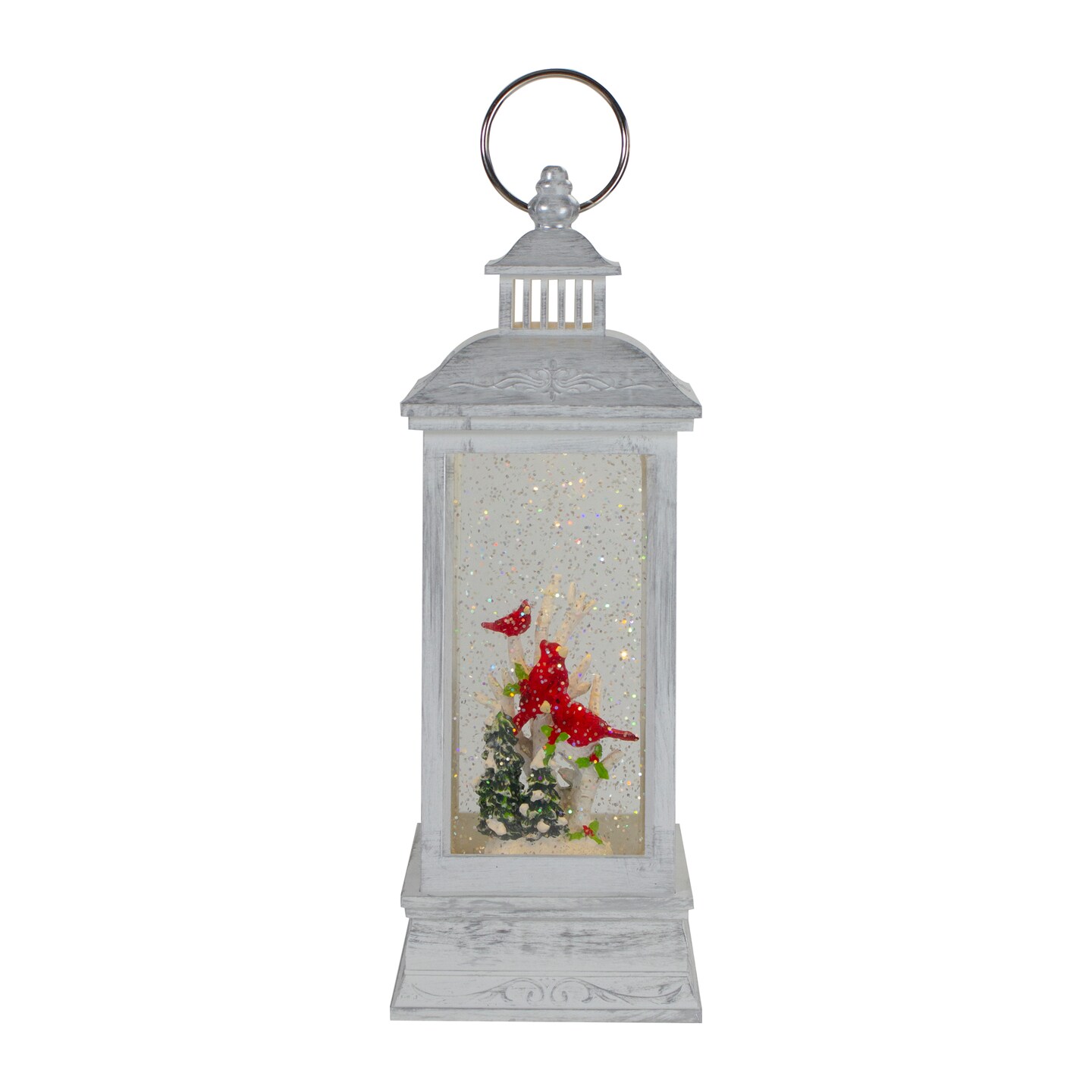 Northlight 11&#x22; White and Brushed Silver Christmas Cardinals Snow Globe Lantern