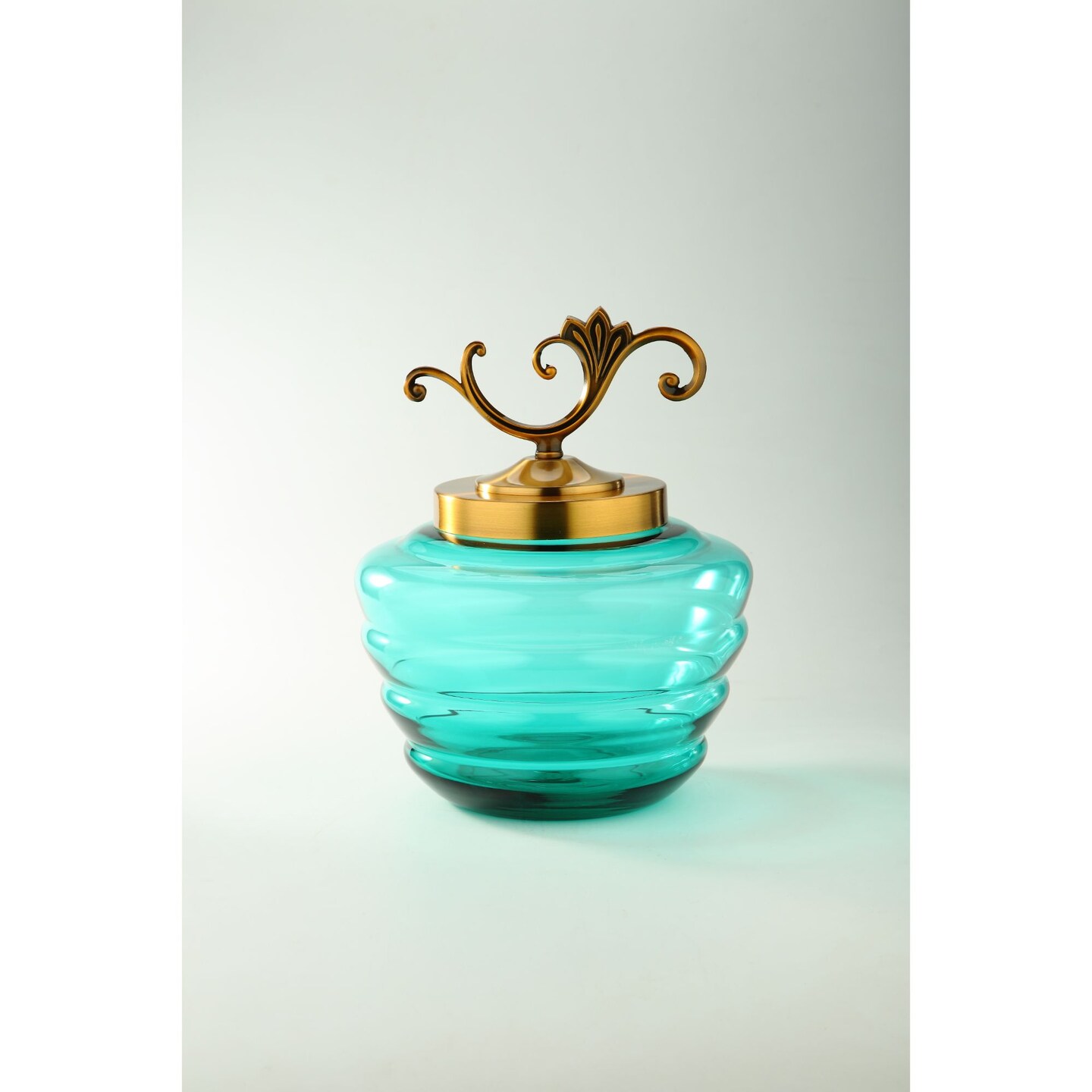 CC Home Furnishings 14&#x22; Teal Green and Gold Hand Blown Glass Jar with Lid