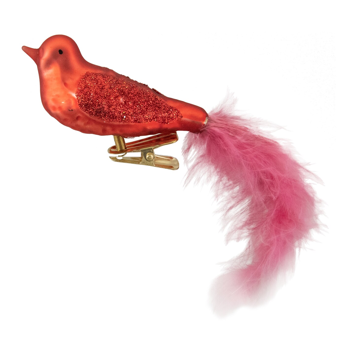 Northlight Glitter Winged Bird Clip On Glass Christmas Ornament - 5.5" - Orange Red and Pink