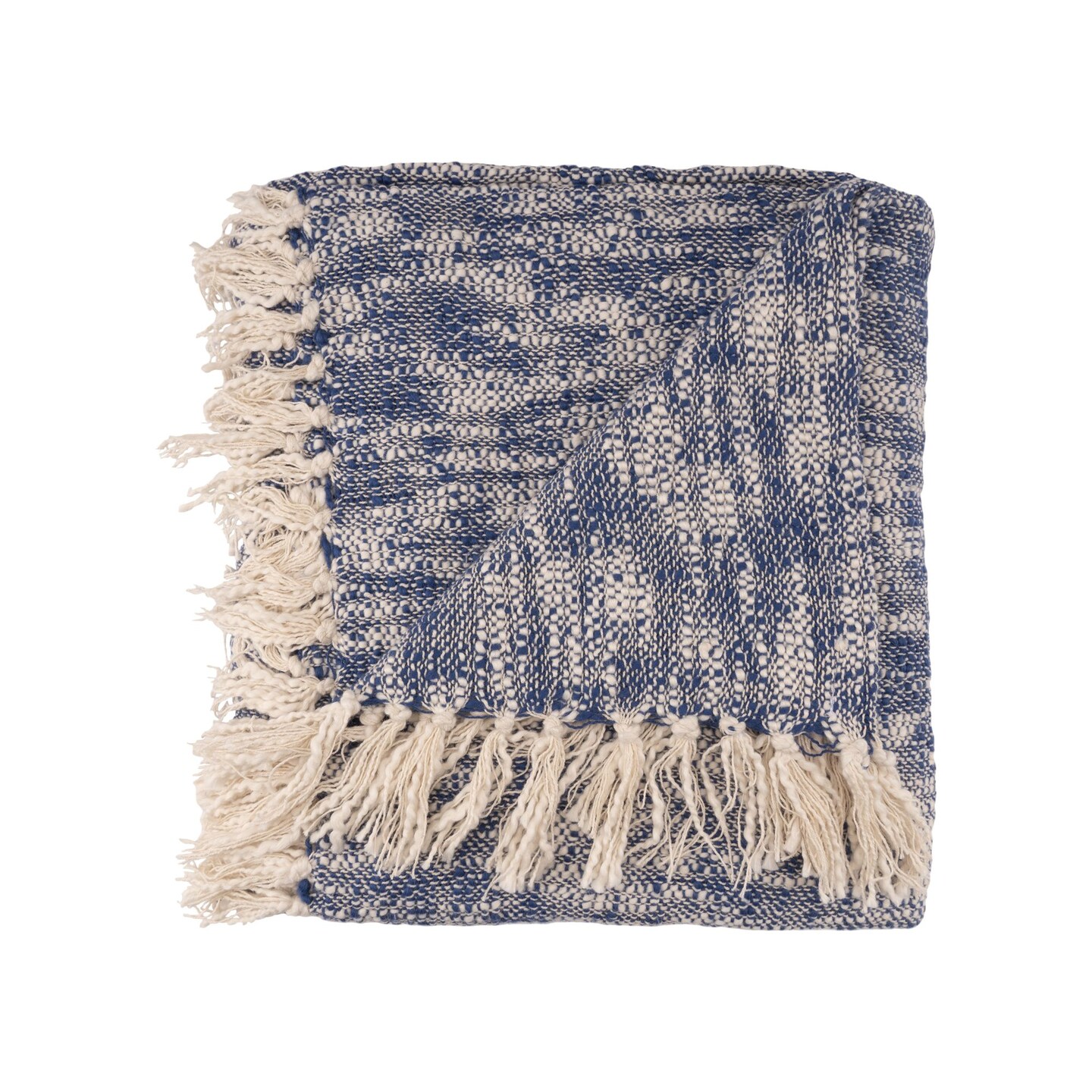 Laddha Home Designs Blue and Ivory Distressed Throw Blanket with Fringes 50&#x22; x 60&#x22;