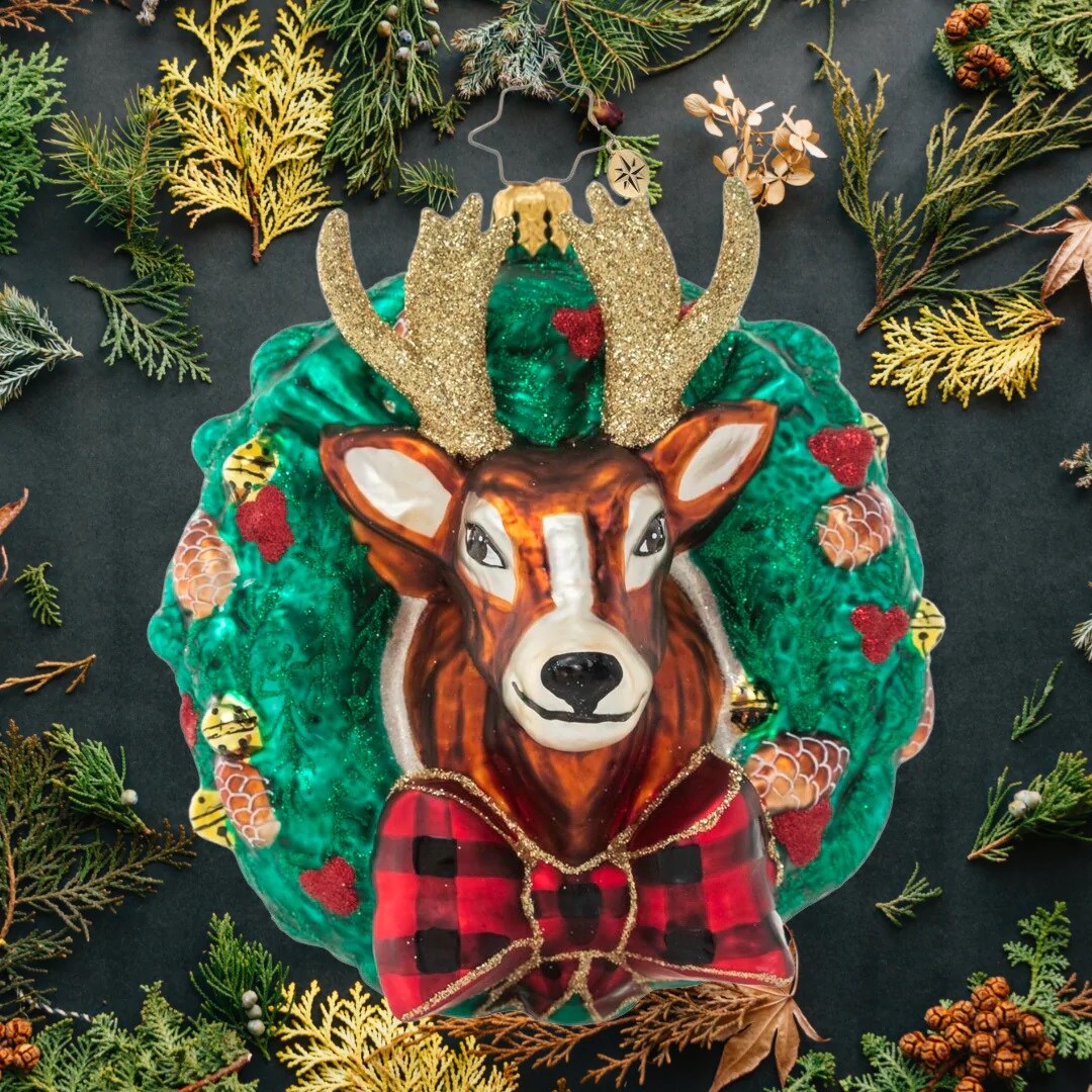 Christopher Radko Rustic Reindeer Wreath Glass Christmas Ornament - Thumbnail 3