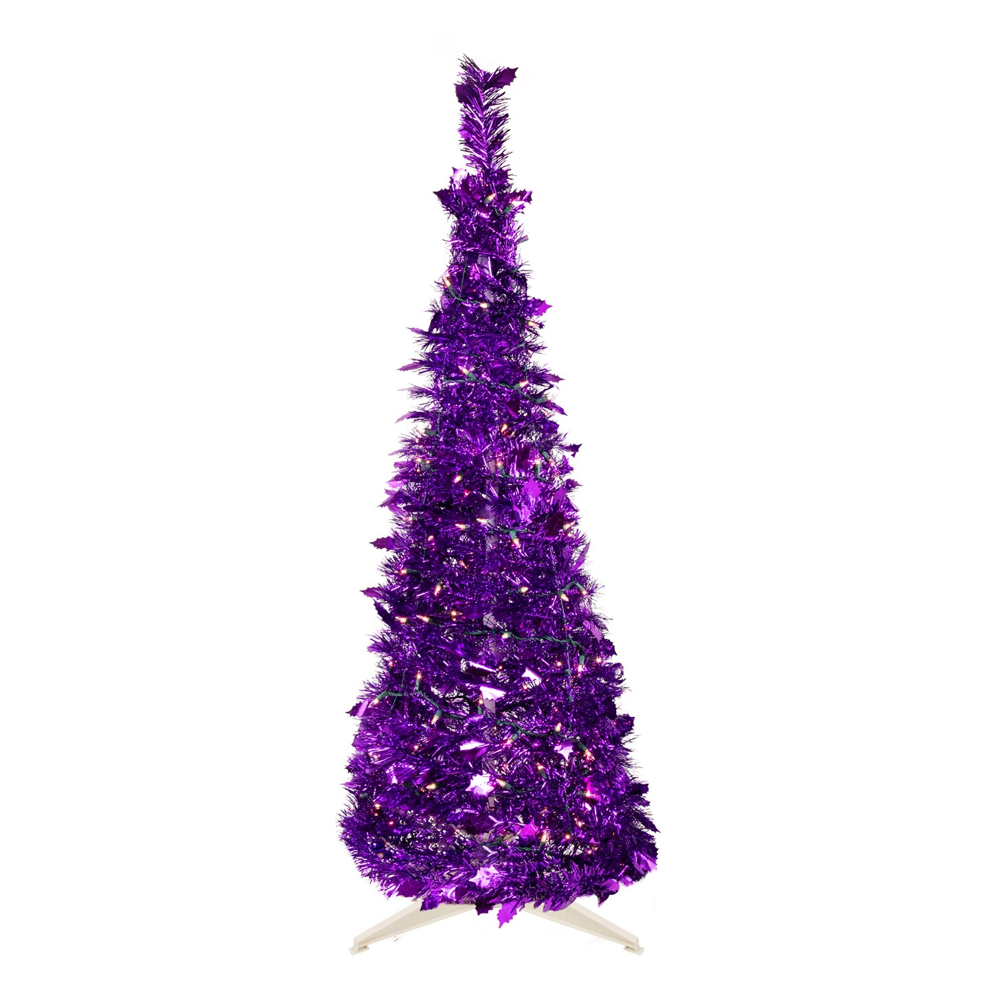 Northlight 4&#x27; Pre-Lit Purple Tinsel Pop-Up Artificial Christmas Tree, Clear Lights