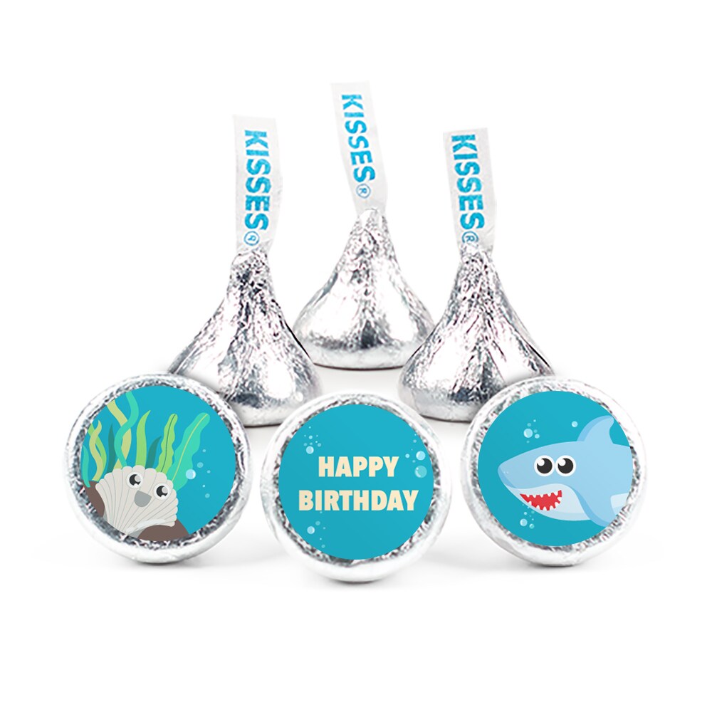 324ct Blue Shark Birthday Party Stickers for Hershey&#x27;s Kisses Kid&#x27;s Party Favors, Party Supplies - DIY - Candy Not Included - By Just Candy