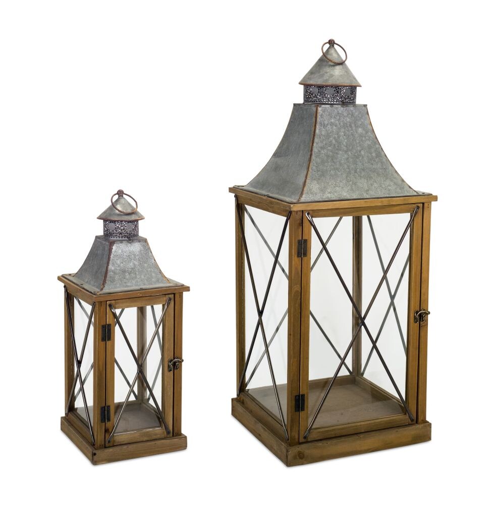 Diva At Home Set of 2 Gray and Brown Distressed Wood Finish Lantern with Handle and Glass Sides 33.5&#x22;