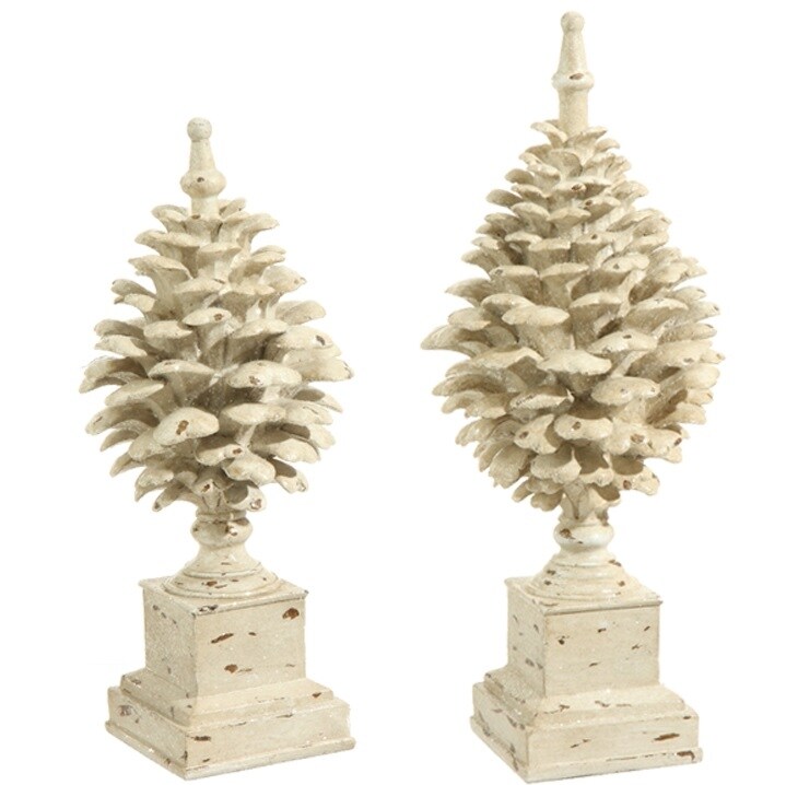 Raz Set of 2 Ivory Country Cabin Rustic Glittered Pine Cone Finial Tabletop Decor 15.75&#x22;