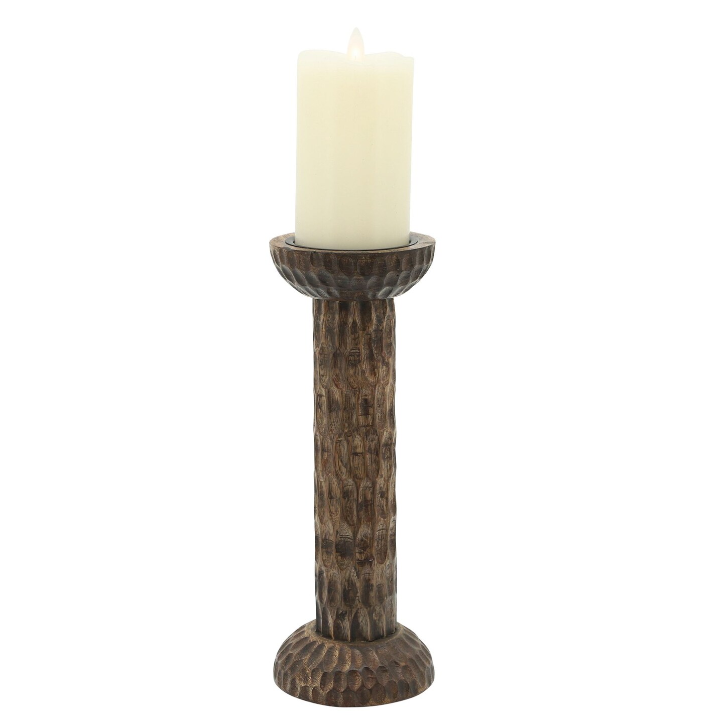 Kingston Living 12&#x22; Brown Hammered Mango Wood Pillar Candle Holder