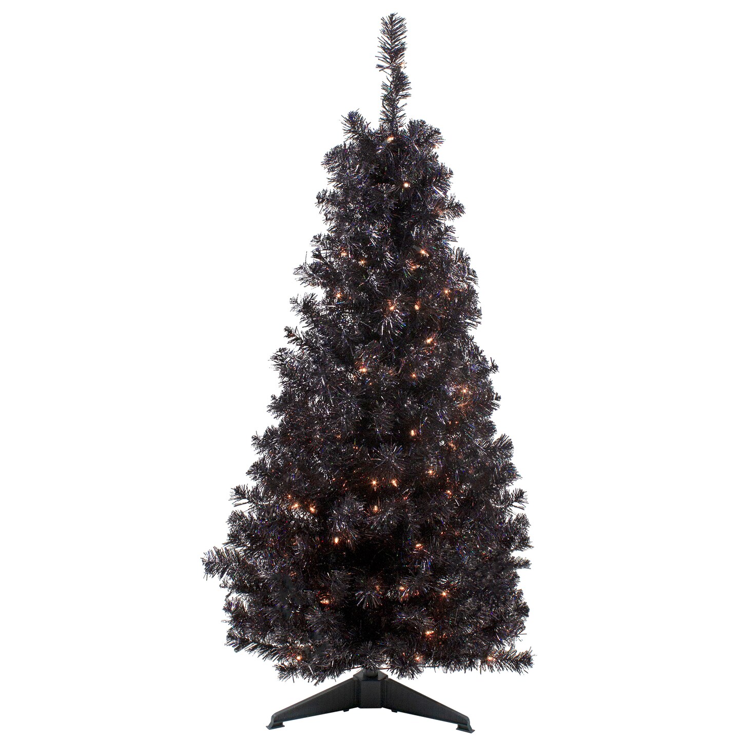 Northlight 4&#x27; Pre-Lit Slim Black Artificial Tinsel Halloween Tree- Clear Lights