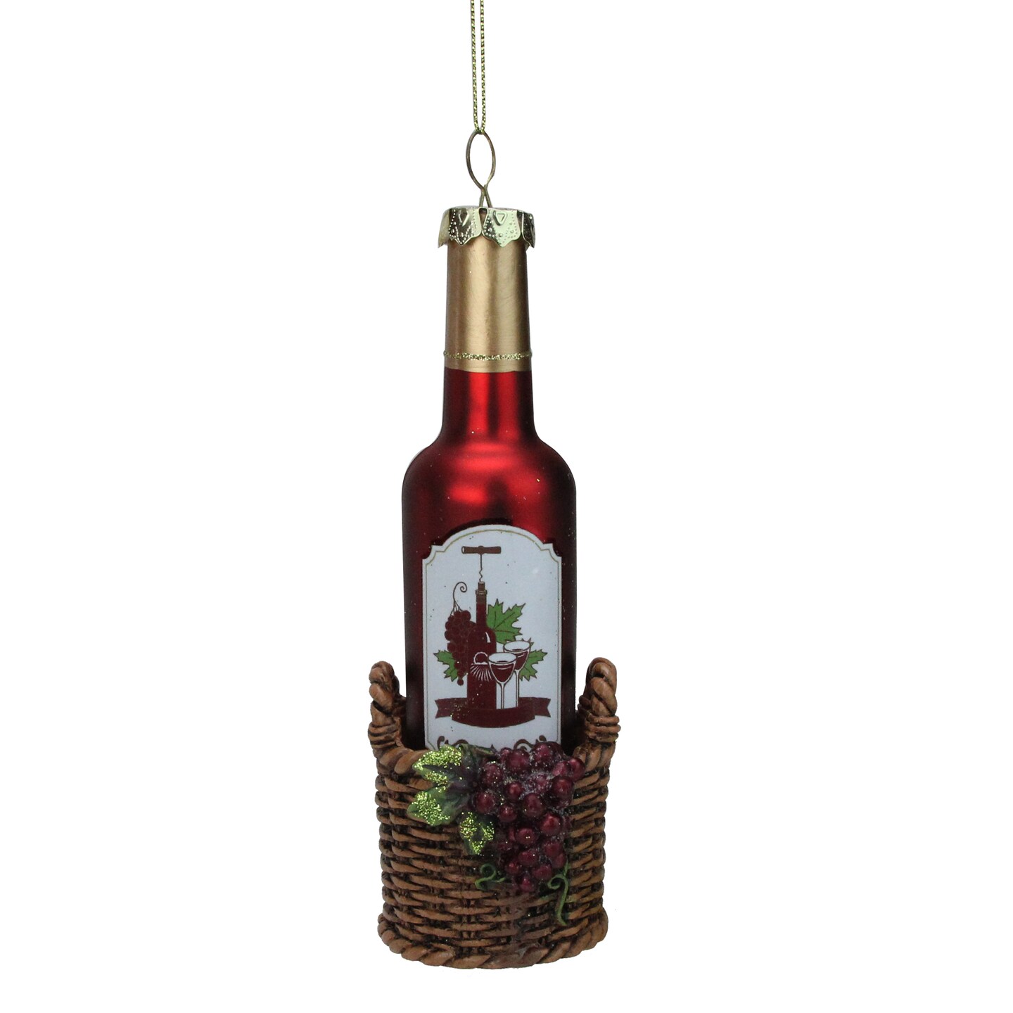 Northlight 6.25&#x22; Red and Gold Wine Bottle in Basket Christmas Ornament