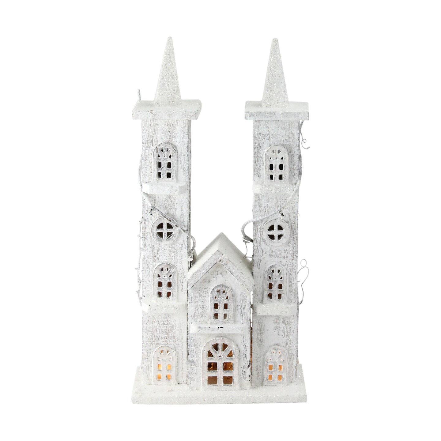 Northlight 15.75&#x22; White Pre-Lit LED Snowy Double Tower Church Christmas Decor