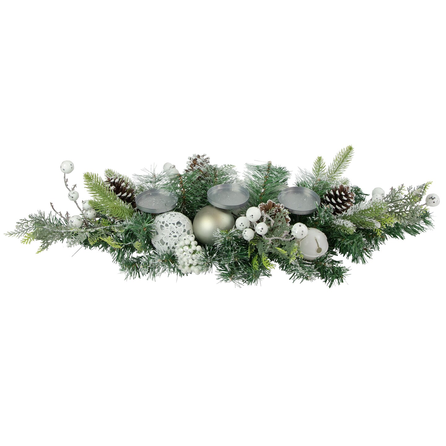 Northlight 32&#x22; Green Frosted Pine Triple Candle Holder with Christmas Ornaments and Pinecones