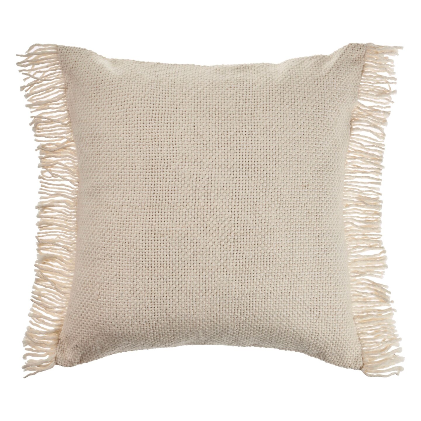 Laddha Home Designs 20" Cream Solid Hand Woven Square Throw Pillow with Fringe