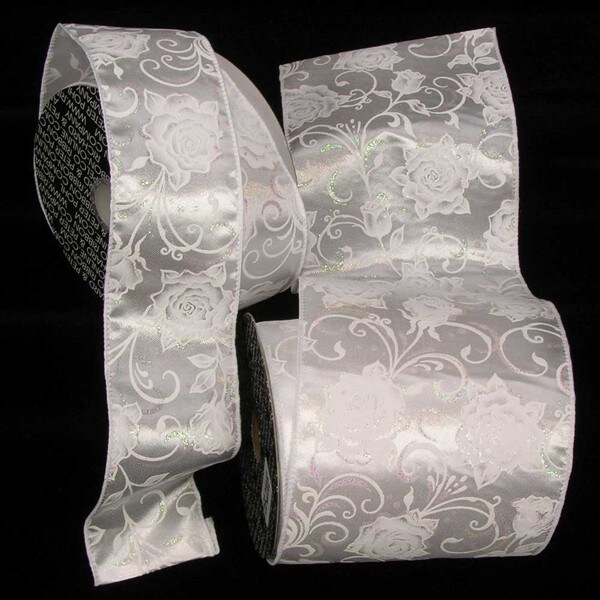 The Ribbon People White and Silver Roses Wired Satin Craft Ribbon 5" x 20 Yards