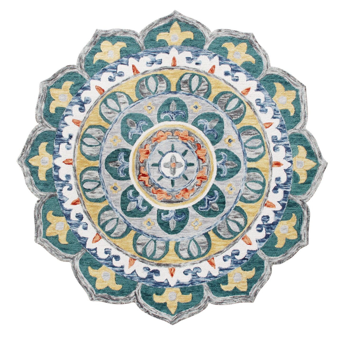 Laddha Home Designs 6' Teal Blue and Yellow Hand Hooked Mandala Medallion Round Wool Area Throw Rug