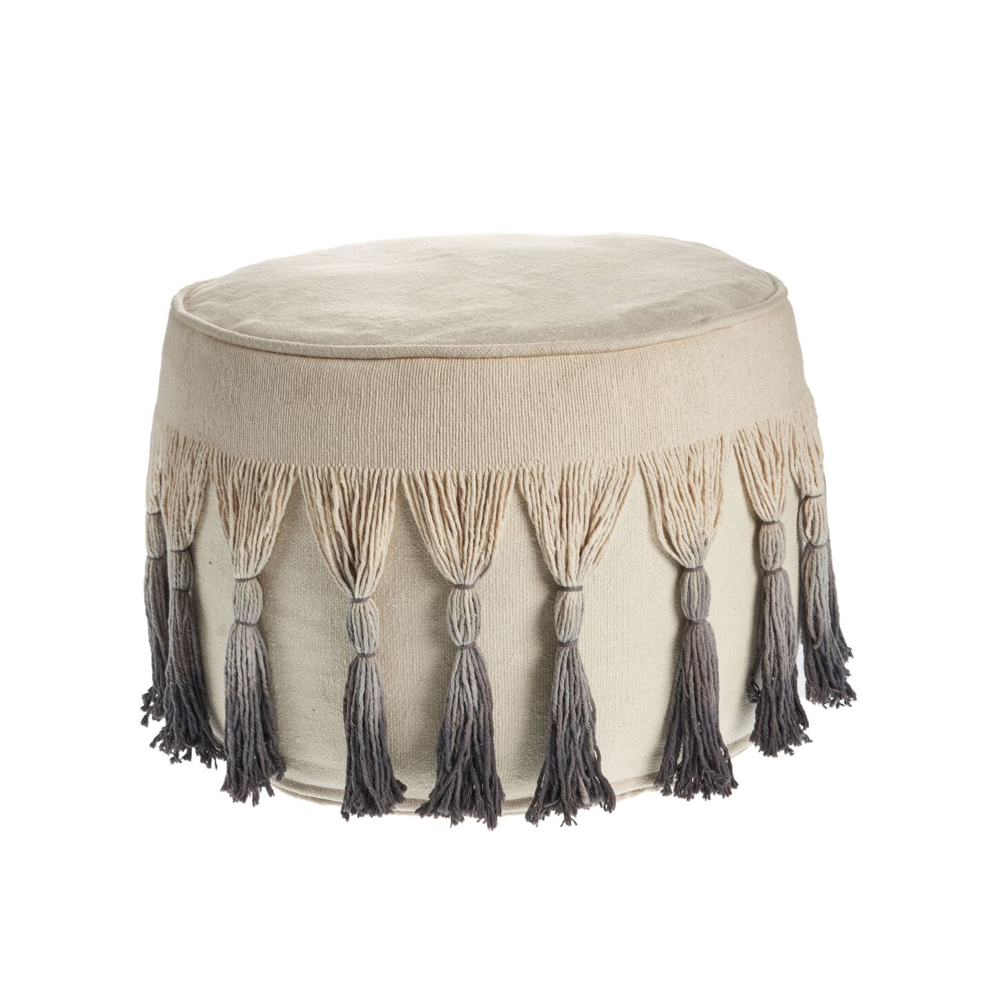Laddha Home Designs 20&#x22; White and Black Tasseled Hand Loomed Round Pouf Ottoman