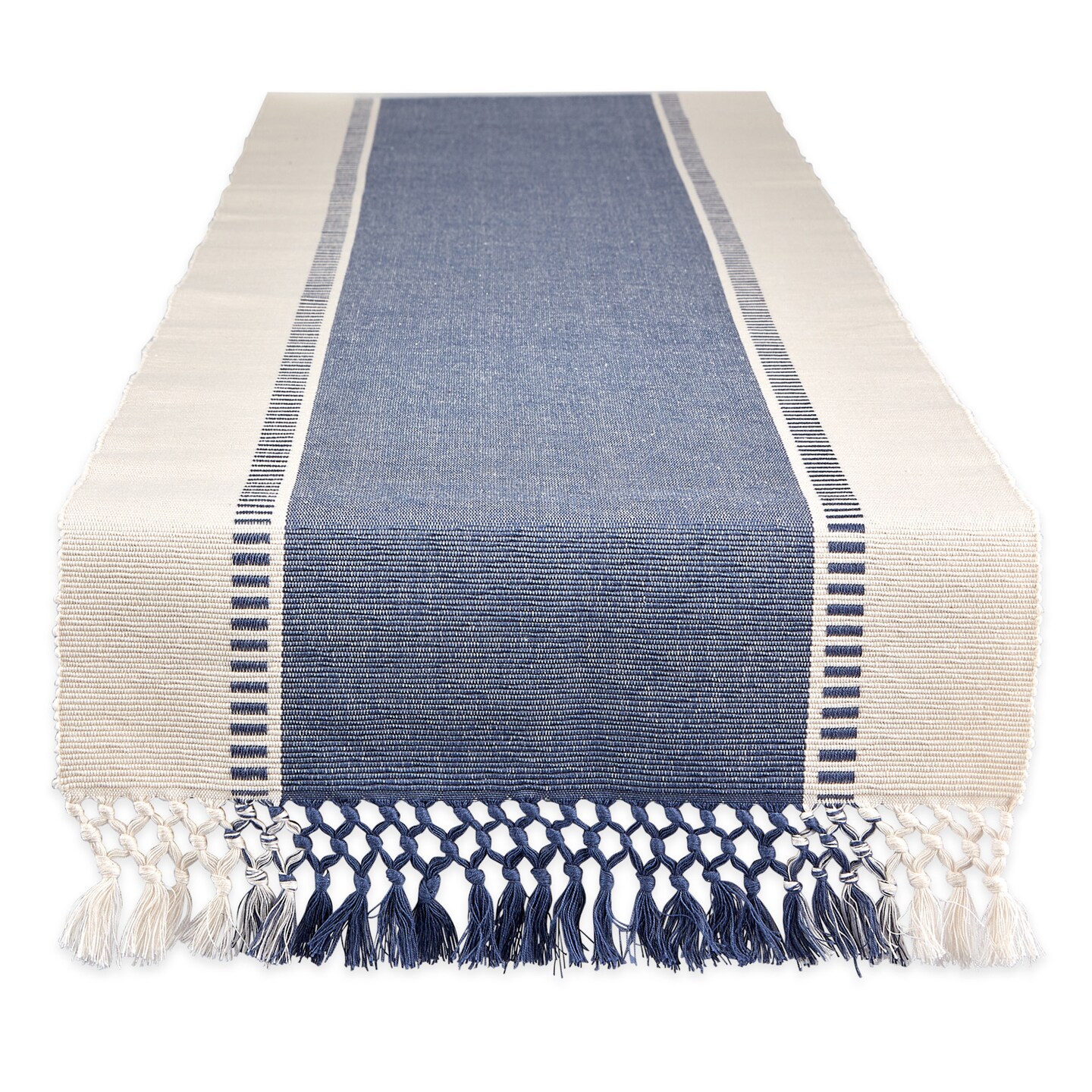 Contemporary Home Living Dobby Striped Woven Fringed Table Runner - 72" - French Blue and Cream
