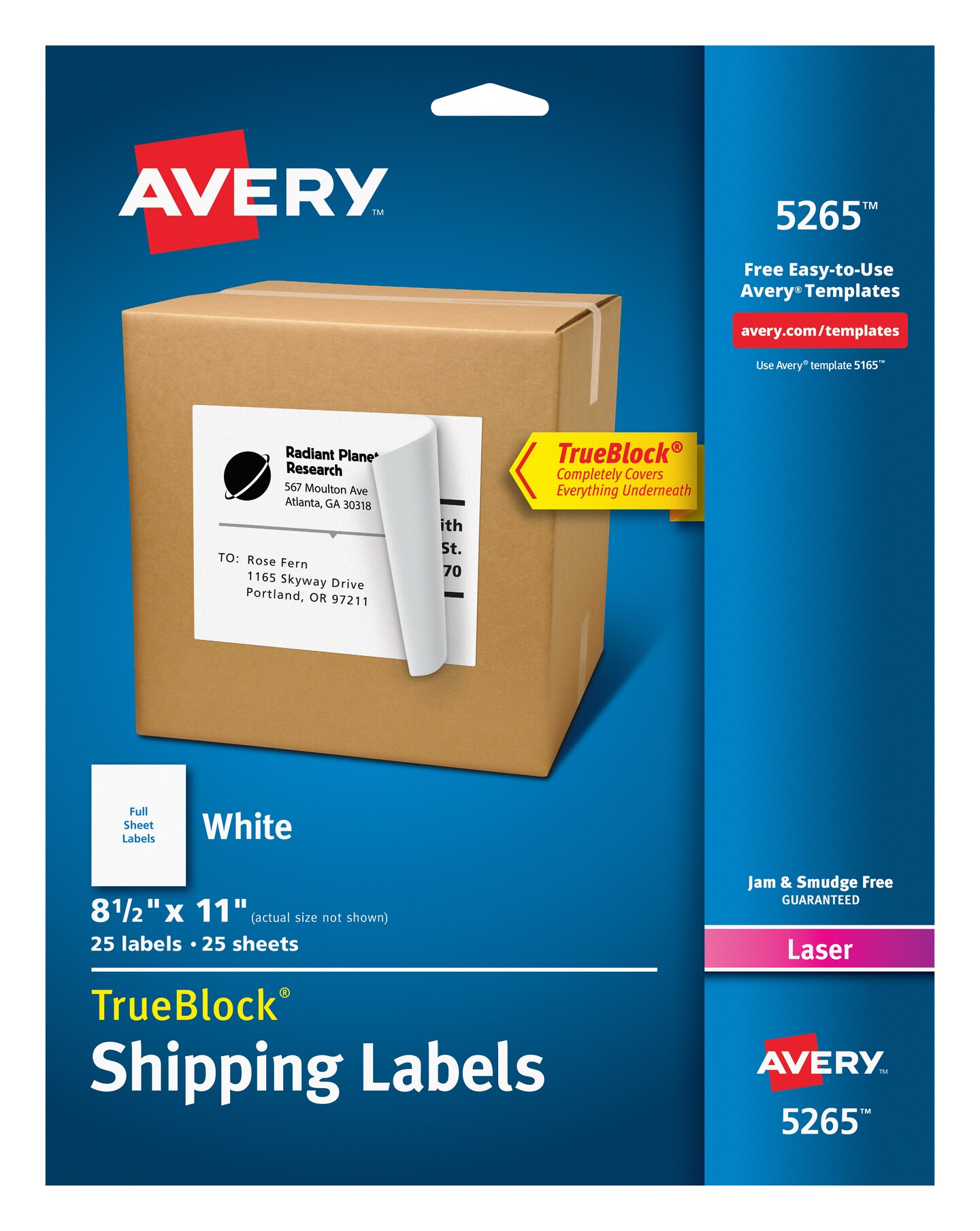 Avery Full-Sheet Printable Shipping Labels, 8.5" x 11" Customizable Stickers, White, 25 Blank Mailing Labels, Great for Mailing, Shipping, Organizing, and More (5265)