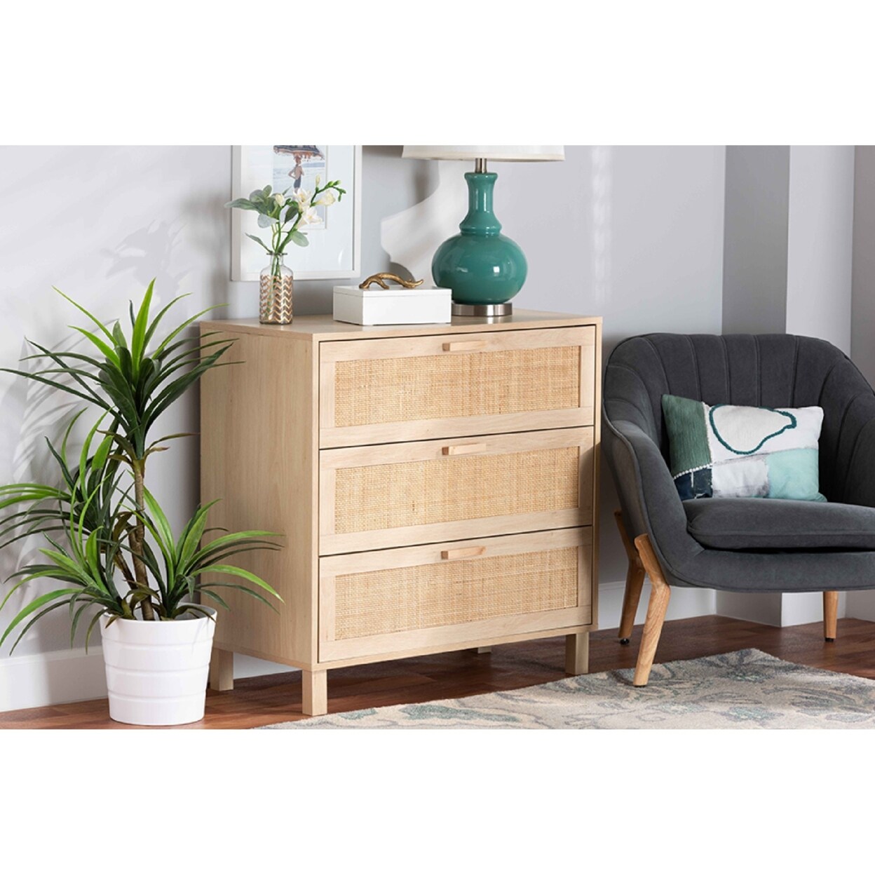Wholesale Interiors Baxton Studio Sebille Mid-Century Modern Light Brown Finished Wood 3-Drawer Storage Chest with Natural Rattan