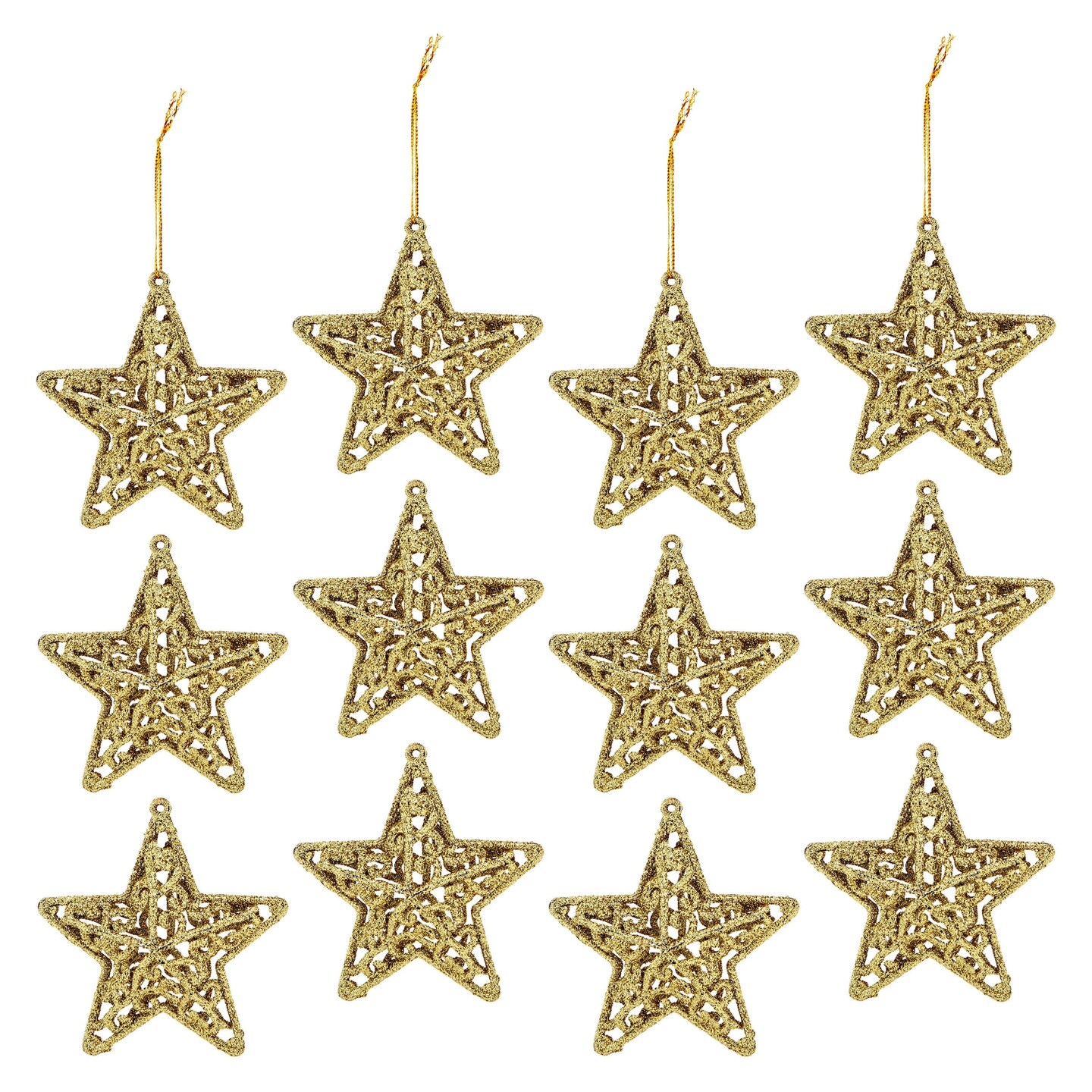 3D Glitter Gold Star Christmas Tree Ornaments, Holiday Decorations (12 Pack)